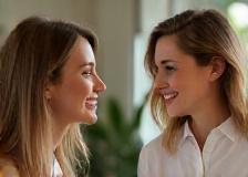 Consultation et sourire entre cliente et coiffeuse